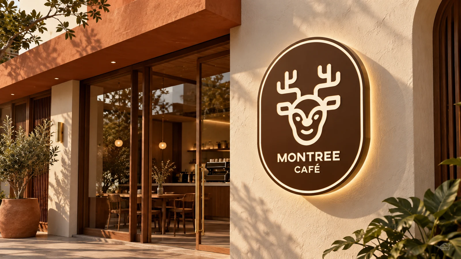 มอคอัพป้าย MON TREE CAFÉ ใช้ประกอบการอธิบายแนวทางออกแบบ ไม่ใช่ภาพสถานที่ผลิตจริง